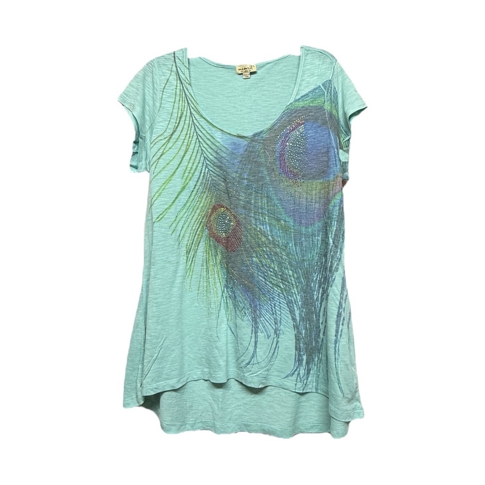 ONE WORLD Mint Green Short Sleeve Tee with Peacock Feather Print